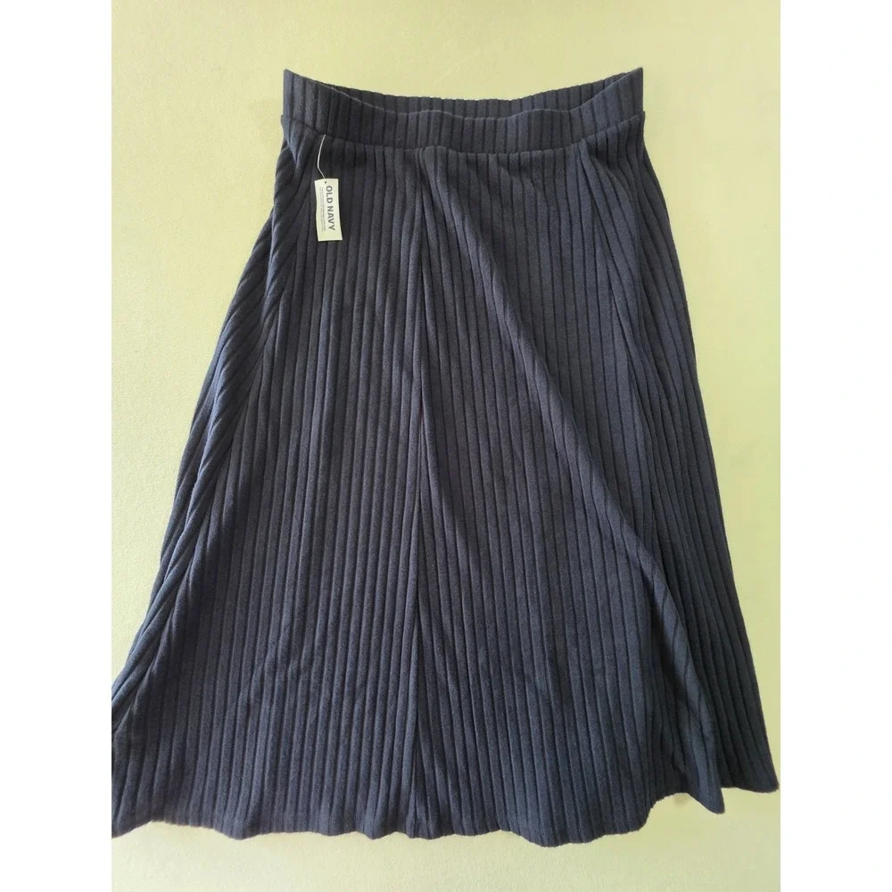 Old Navy Womens L Petite Navy Blue Ribbed Knit Midi Skirt Stretch Pull On New...